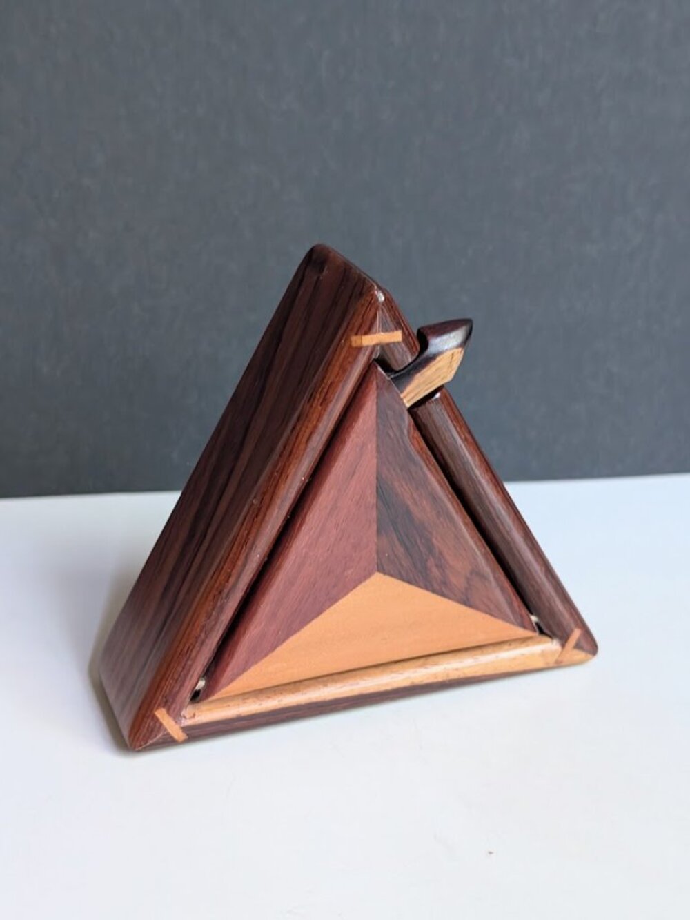 Vintage Inlaid Mixed Wood 3 Sided Triangle Trinket Jewelry Box